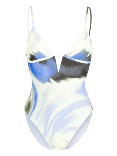 Jonathan Simkhai Maelle V-neck One Piece Swimsuit In Marina Blue Print In Multi
