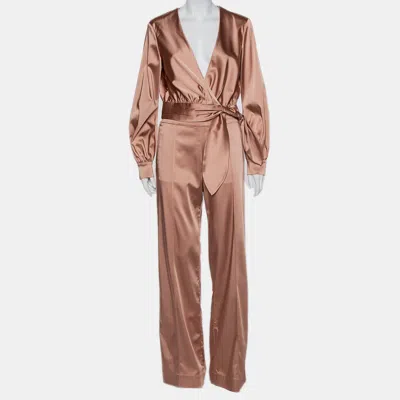 Pre-owned Jonathan Simkhai Salmon Pink Crepe Satin Wrap Crop Top & Wide Leg Track Pants Set M