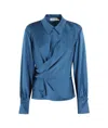 Simkhai Satin-finish Long-sleeve Blouse With Draped Front In Navy Blue