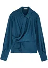 Simkhai Satin-finish Long-sleeve Blouse With Draped Front In Blue