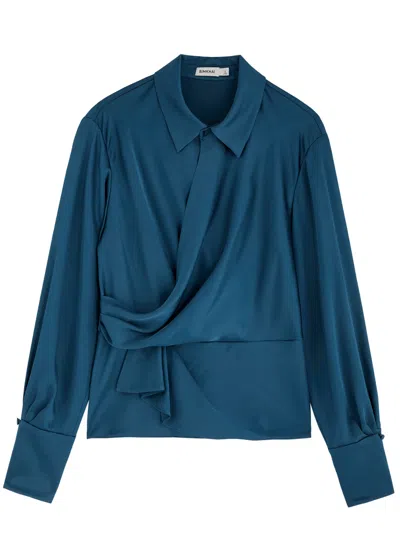 Jonathan Simkhai Valya Wrap-effect Satin Blouse In Blue
