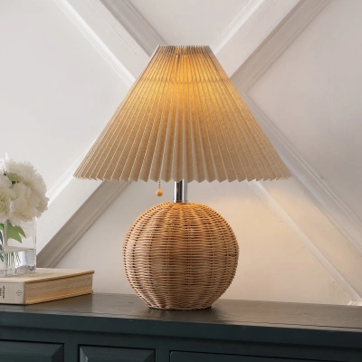 Jonathan Y Aksel 17.25" Coastal Scandinavian Rattan/iron Sphere Led Table Lamp With Pleated Shade And Pull Chai In Brown