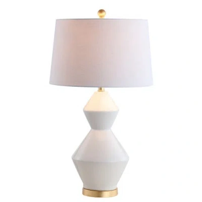 Jonathan Y Alba 29" Geometric Ceramic/metal Led Table Lamp In White/gold Leaf