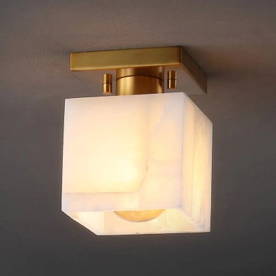 Jonathan Y Alessia 5" 1-light Modern Contemporary Alabaster/iron Cube Led Semi Flush Mount, White Marbling/bras In Gold