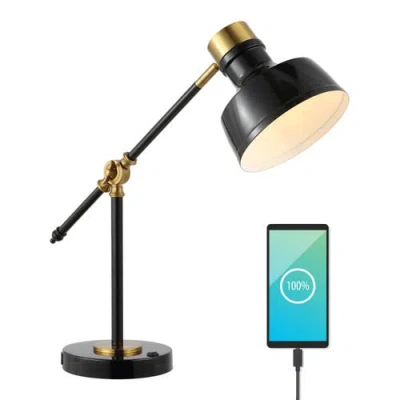 Jonathan Y Allegra Classic Farmhouse Adjustable Cantilever Led Task Lamp With Usb Charging Port In Black/brass Gold