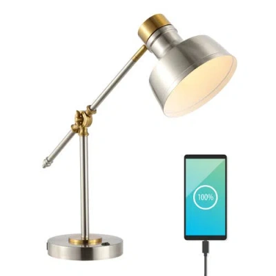 Jonathan Y Allegra Classic Farmhouse Adjustable Cantilever Led Task Lamp With Usb Charging Port In Nickel/brass Gold