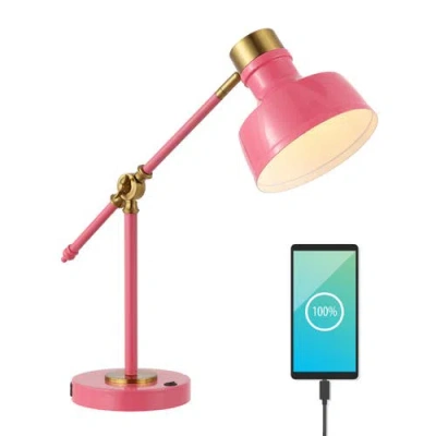 Jonathan Y Allegra Classic Farmhouse Adjustable Cantilever Led Task Lamp With Usb Charging Port In Pink/brass Gold
