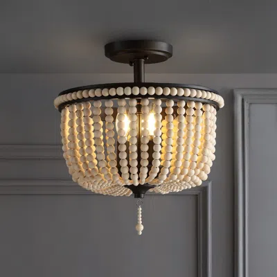 Jonathan Y Allie 14" Wood Beaded/metal Led Flush Mount In Black
