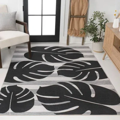 Jonathan Y Allison Classic Beach Stripe And Monstera Leaf Indoor/outdoor Area Rug