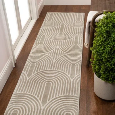 Jonathan Y Ariana Midcentury Art Deco Striped Arches Two-tone High-low Area Rug In Beige/cream