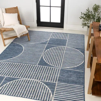 Jonathan Y Arielle Mid-century Modern Geometric Lines Reversible Machine-washable Indoor/outdoor Are In Navy/cream