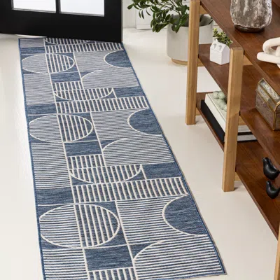 Jonathan Y Arielle Mid-century Modern Geometric Lines Reversible Machine-washable Navy/cream 2 Ft. X 8 Ft. Indo In Blue
