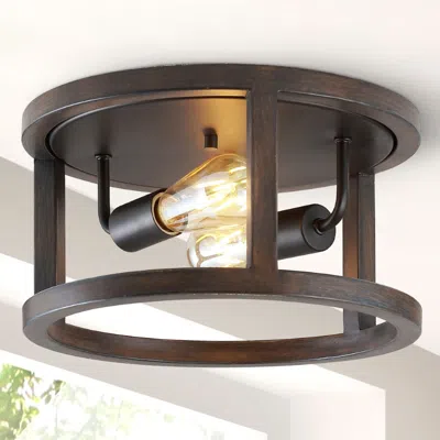 Jonathan Y Atelier 12.75" 2-light Iron Rustic Industrial Led Flush Mount In Black