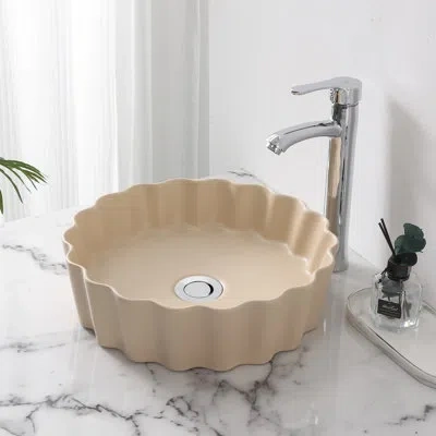 Jonathan Y Atelier 15 In. Round Art Deco Contemporary Scalloped Ceramic Bathroom Vessel Sink In Matte Beige