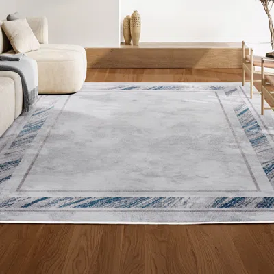 Jonathan Y Athens Classic Border Marble Pattern High-low Area Rug In Silver/blue