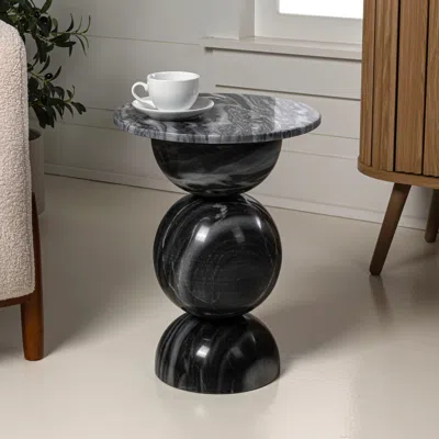 Jonathan Y Aura 14" Modern Natural Marble Handmade Stacked Round Pedestal End Table, Dark Gray/light Gray
