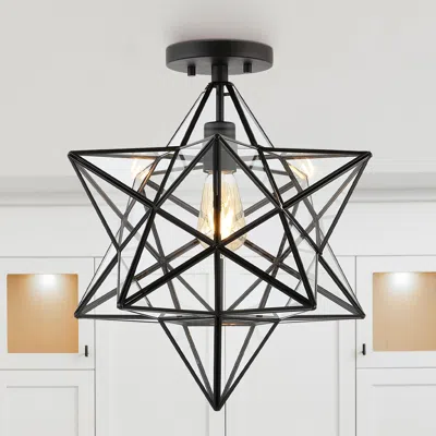 Jonathan Y Ava 14in Farmhouse Bohemian Iron/glass Led Semi Flush Mount In Black