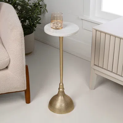 Jonathan Y Ava 23.75" Art Deco Contemporary Metal Pedestal Drink Table And Decorative End Table With White Marb In Gold