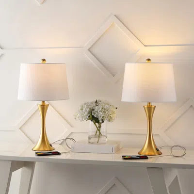 Jonathan Y Bennett Modern Glam Iron Hourglass Led Table Lamp With Usb Charging Port In Gold
