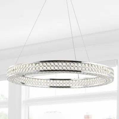 Jonathan Y Benton 24.7" Round Integrated Led Crystal/metal Pendant In Gray