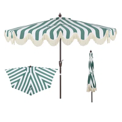 Jonathan Y Beverly 9 Ft. Designer Classic Scalloped Fringe Half Market Patio Umbrella With Crank, Push Button T In Green