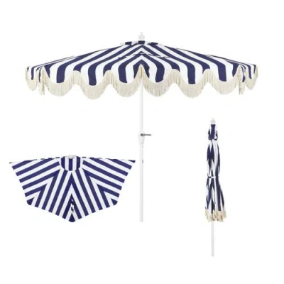 Jonathan Y Beverly Coastal Half Patio Umbrella, Space-saving Balcony Shade With Scalloped Fringe, Cr In Multi