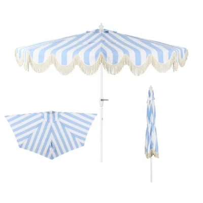 Jonathan Y Beverly Coastal Half Patio Umbrella, Space-saving Balcony Shade With Scalloped Fringe, Cr In Multi