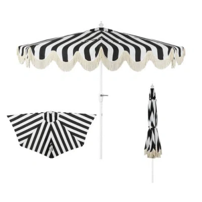 Jonathan Y Beverly Coastal Half Patio Umbrella, Space-saving Balcony Shade With Scalloped Fringe, Cr In Neutral