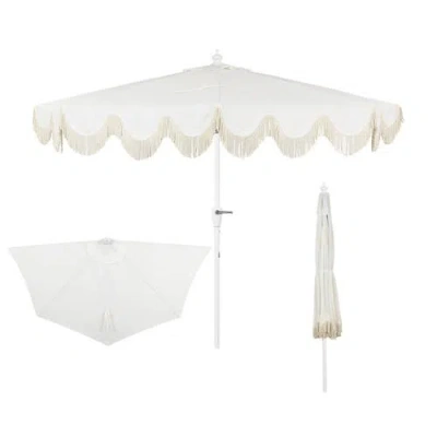 Jonathan Y Beverly Coastal Half Patio Umbrella, Space-saving Balcony Shade With Scalloped Fringe, Cr In White