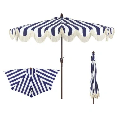 Jonathan Y Beverly Coastal Half Patio Umbrella, Space-saving Balcony Shade With Scalloped Fringe, Cr In Blue