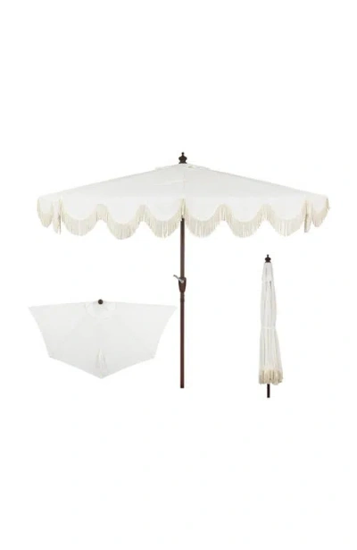 Jonathan Y Beverly Coastal Half Patio Umbrella, Space-saving Balcony Shade With Scalloped Fringe, Cr In White