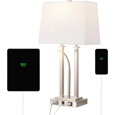 Jonathan Y Blaire 23.75" 2-light Modern Farmhouse Metal Led Table Lamp With Usb Charging Port In Nickel