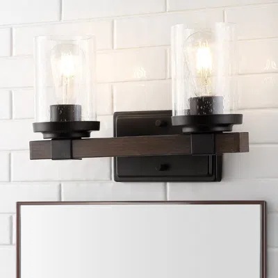 Jonathan Y Bungalow 15" 2-light Iron/seeded Glass Rustic Farmhouse Led Vanity Light In Black