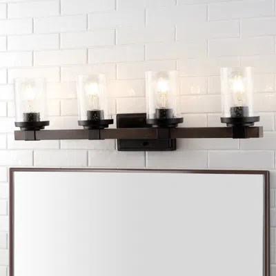 Jonathan Y Bungalow 32" 4-light Iron/seeded Glass Rustic Farmhouse Led Vanity Light In Black