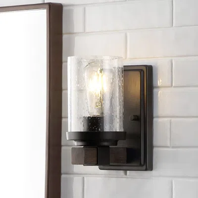 Jonathan Y Bungalow 4.5" 1-light Iron/seeded Glass Rustic Farmhouse Led Vanity Light In Brown