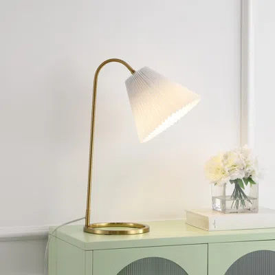 Jonathan Y Callie 22" Modern Glam Metal Arc Adjustable Head Led Table Lamp With Pleated Shade, Brass Gold/white