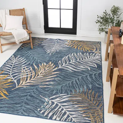 Jonathan Y Calypso Coastal Casual Palm Frond Reversible Machine-washable Cream/navy 5 Ft. X 8 Ft. Indoor/outdoo In Blue