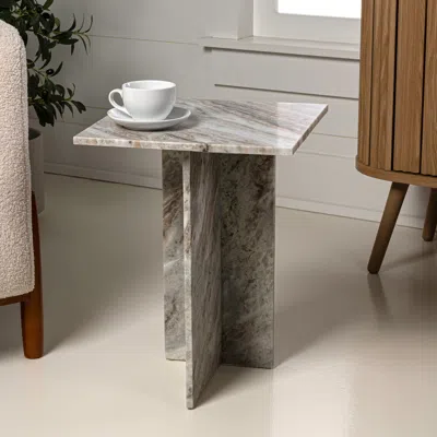 Jonathan Y Cecil 14" Contemporary Natural Marble Handmade T-shaped End Table, Gray/beige
