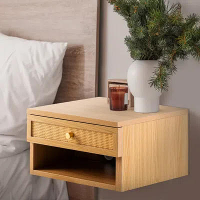 Jonathan Y Celerie 15.71" Mid-century Modern Floating Wall Mounted Nightstand With Soft-close Rattan Drawer And In Brown