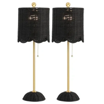 Jonathan Y Celerie 27.5" Coastal Bohemian Rattan/iron Scalloped Buffet Led Table Lamp With Pull Chai In Black