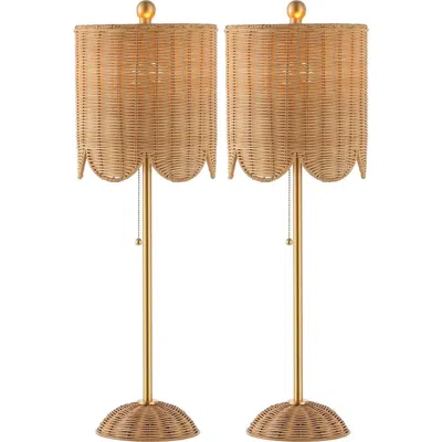 Jonathan Y Celerie 27.5" Coastal Bohemian Rattan/iron Scalloped Buffet Led Table Lamp With Pull Chai In Natural/brass Gold