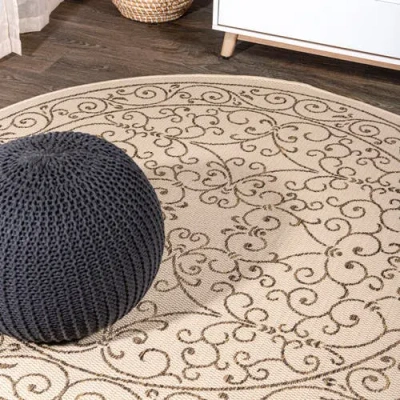 Jonathan Y Charleston Vintage Filigree Textured Weave Indoor/outdoor Round Area Rug In Beige/brown