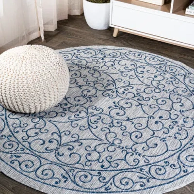 Jonathan Y Charleston Vintage Filigree Textured Weave Indoor/outdoor Round Area Rug In Gray/navy