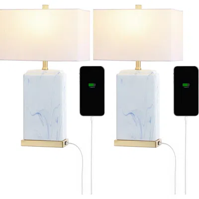 Jonathan Y Chloe 24.5" Modern Coastal Iron/marbled Ceramic Led Table Lamp With Usb Charging Port, Bl In Blue/white