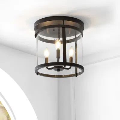 Jonathan Y Ciel Simple Farmhouse 12.5" 3-light Metal/glass Rustic Vintage Led Flush Mount In Brown