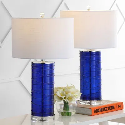 Jonathan Y Cole 27.5" Modern Fused Glass Cylinder Led Table Lamp (set Of 2) In Blue