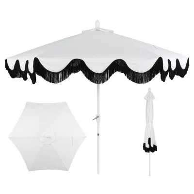 Jonathan Y Collins 9 Ft. Classic Cottage Fringe Tassel Market Patio Umbrella With Auto-tilt Crank, Wind Vent An In White