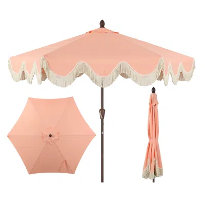 Jonathan Y Collins 9 Ft. Classic Cottage Tassel Market Patio Umbrella With Auto-tilt, Crank, Wind Vent And Uv P In Pink
