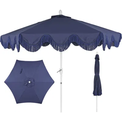 Jonathan Y Collins Bohemian Fringe Outdoor Patio Umbrella With Crank Lift And Tilt, Scalloped Uv-res In Blue