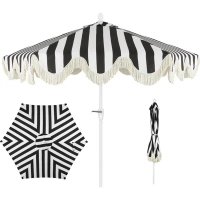 Jonathan Y Collins Bohemian Fringe Outdoor Patio Umbrella With Crank Lift And Tilt, Scalloped Uv-res